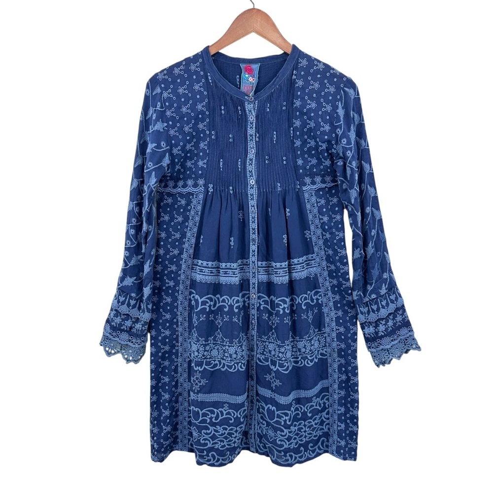 JOHNNY WAS Dress Asheena Eyelet Embroidered Tiered Sleeve w/Slip Blue